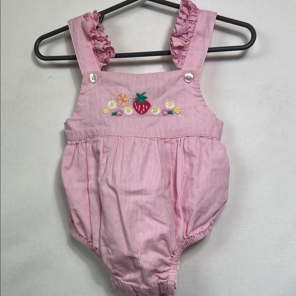 Monsoon Pink and white striped strawberry & flowers embroidered bubble with flaw